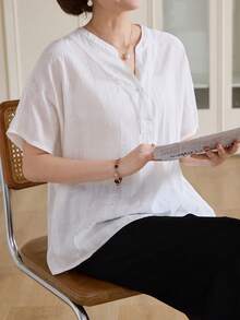 Vivie Lora Women's Solid Color V-Neck Loose Half-Placket Batwing Short Sleeve Blouse - White - View 1
