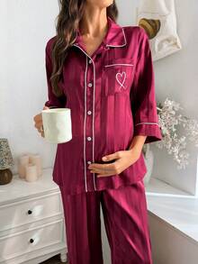 Women's Satin Striped Jacquard Pocket Heart Embroidery 3/4 Sleeve Pajama Set - Burgundy - View 5