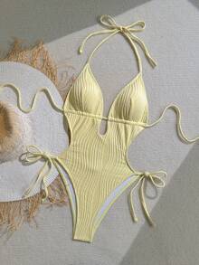 Soleia 女士橄榄绿针织提花纹理V领露背挂脖连体泳衣，海滩度假 - 黃色 - 查看 3