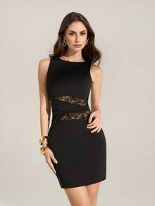 SHEIN Tall Summer Women's Black Elegant Lace Stitching Sincere Long Dress,Elegant Women Dresses,Party Women Outfits,New Years Women Dress,Black Women Dresses, Elegant Dresses For Women,Bridesmaid Dresses, Wedding Party, - Black - View 2