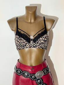 1pc Women's Underwire Bra With Leopard Print Lace Patchwork, Thin Cup - Multicolor - View 1