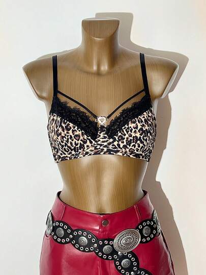 1pc Women's Underwire Bra With Leopard Print Lace Patchwork, Thin Cup