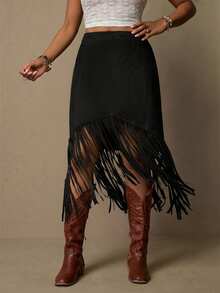 Freevana Plus Size Bohemian Suede Fringe Skirt, Casual Holiday Style - Black - View 5