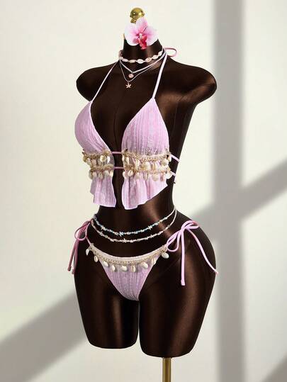 Zestiva Women's 2-Piece Bikini Set Set For Summer Beach Vacation, Lace Patchwork Shell Strap Tie-Up Halter Bikini