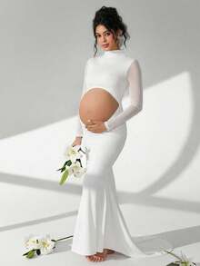 Cheriluna Maternity 孕妇摄影礼服，长袖立领，腰部镂空，露背，鱼尾下摆，及地长裙 - 白色 - 查看 1