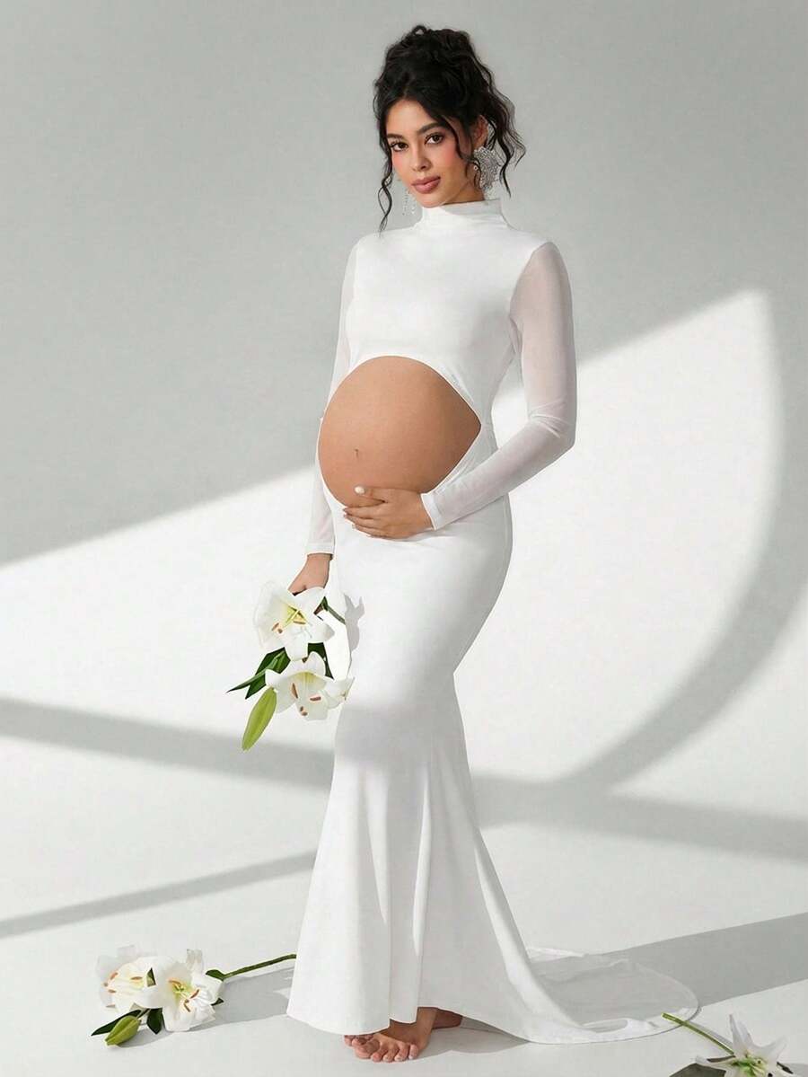 Cheriluna Maternity 孕妇摄影礼服，长袖立领，腰部镂空，露背，鱼尾下摆，及地长裙 - 白色 - 查看 1