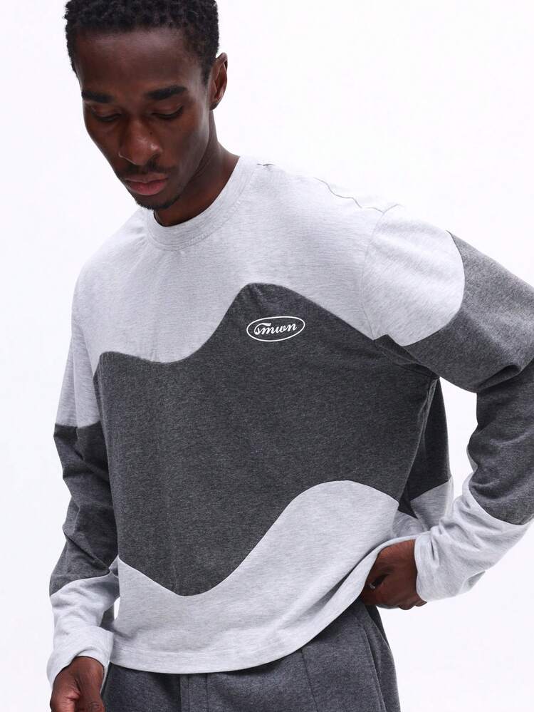 SUMWON Men Long Sleeve Color Block Wave Pattern Crew Neck Tee Contrast Panel Design Cotton Casual Comfort Fit Top Plain