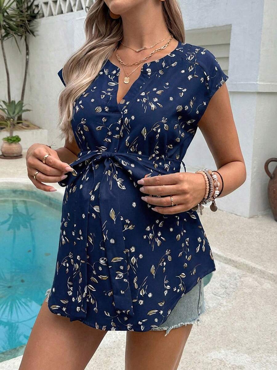 SHEIN Áo bầu mới năm 2025, áo dệt họa tiết hoa mùa hè thời trang, kiểu dáng nghỉ mát. - Màu xanh hải quân - Xem 1