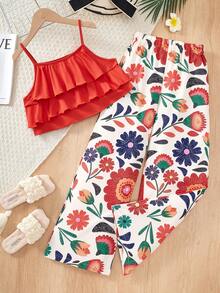 SHEIN Bộ đồ đi nghỉ hè cho bé gái, áo hai dây xếp tầng + quần ống rộng in hoa, kiểu dáng thanh lịch thường ngày, phối màu hài hòa, thích hợp cho dã ngoại, đi biển, chụp ảnh, mặc hàng ngày. - Nhiều màu - Xem 7