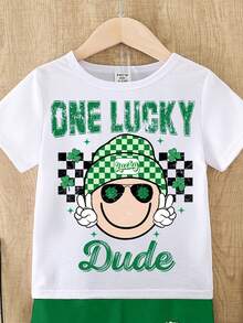 SHEIN GraphicGems Spring And Summer Toddler Boys Casual Fashion Creative Personalized Fresh Cute Kawaii Cartoon Face Green Plaid Hat, Clover, Star, Four-Leaf Clover Pattern Letter Slogan Print Casual Basic Short T-Shirt And Shorts Set, Comfortable Daily Wear Cozy Summer Styles Suitable For Spring And Summer Baby Boy Outfits - Multicolor - View 7