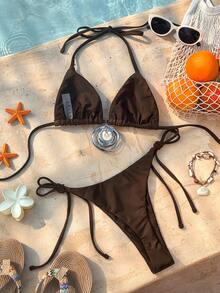 SHEIN Swim Vcay Women's Rhinestone Embellished Bikini Swimwear, Sexy Halter Strap Swimwear For Beach Vacation, Spring/Summer - Brown - View 5