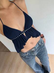 Aloruh Black Rivet Halter Backless Sexy Camisole - Navy Blue - View 3
