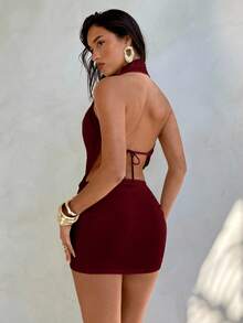 Aloruh Women's Sexy Backless Draped Neck Solid Color Mini Dress, Casual Beach Vacation Style ,Summer Dress - Burgundy - View 2