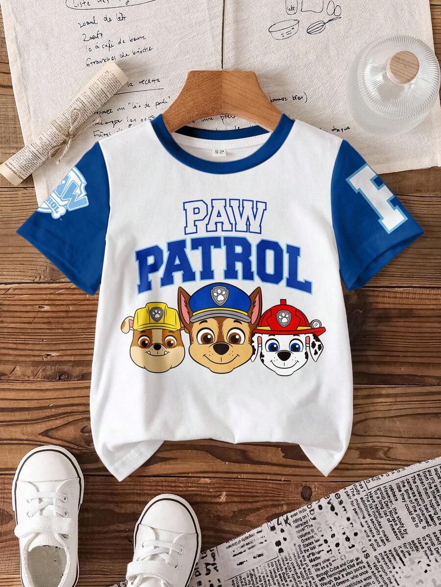 SHEIN | PAW Patrol 男童休闲圆领卡通字母印花短袖T恤，百搭日常穿着 - 白色 - 查看 1