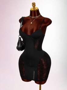 Amplova Valentine's Day Black Asymmetrical Cut-Out Sheer Lace Sexy Plunging Neck Mini Dress For Women - Black - View 4