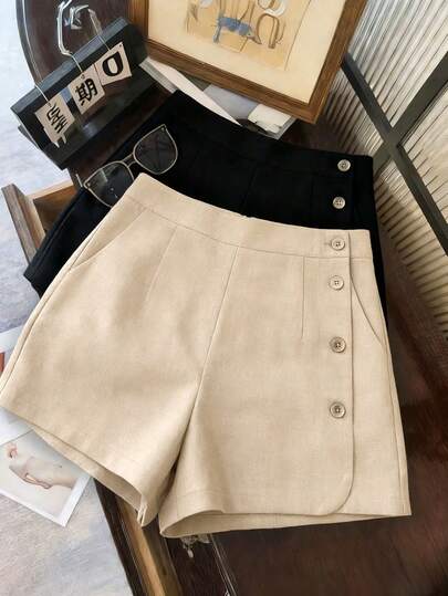 Franclia 女士优雅休闲纯色杏色百搭短裤，夏季