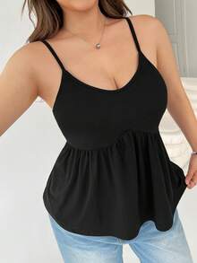 SHEIN EZwear Áo hai dây màu đen xếp nếp viền ren dành cho nữ cỡ lớn - màu đen - Xem 6