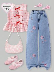SHEIN ChillGRL Tween Girls Jeans - 新款时尚雪花洗做旧刺绣阔腿牛仔裤 - 淺色水洗藍 - 查看 1