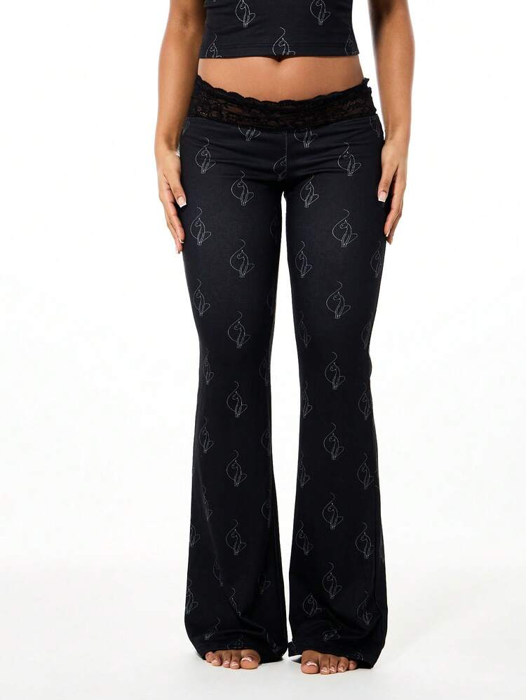 BABYPHAT Lace Waist Jersey Flare Leggings With Feminine Abstract Pattern All Over Print High Rise Wide Leg Bell Bottom Palazzo Style