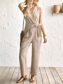 Breezaya New Summer Women's Jumpsuit, Casual Commute Women's Jumpsuit, Sleeveless V-Neck With Cross-Wrap Design, Tie Waist, Loose Straight Leg, Linen/Light Brown Fabric With Textured Texture, Women's Jumpsuit, Women's Vacation Wear, Women's Jumpsuit, Suitable For Outings, Women's Casual Jumpsuit - Brown - View 6