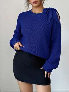 Women's Casual Everyday Commute Simple Solid Color Twist Cold Shoulder Raglan Sleeve Loose Knit Sweater, Autumn/Winter - Royal Blue - View 4