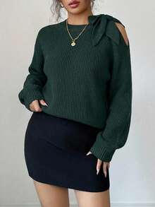 Casual Solid Color Shoulder Tie Raglan Sleeve Loose Knit Sweater, Autumn/Winter - Dark Green - View 4