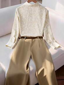 Franclia Elegant Loose White Blouse With Green Floral Print, Paired With Loose Wide Leg Long Pants, Women's 2 Pieces Set, Spring/Autumn - Khaki - View 2