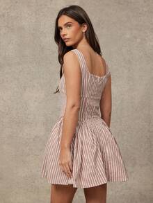 WESTFADE Square Neck Ruffle Sides Fit & Flare Ruffle Sleeveless Striped Mini Dress - Brown - View 6