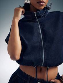 Denimoi High Neck Zip Front Denim Vest Fashionable Denim Tops Denim On Denim Cinched Waist Denim Top - Dark Wash - View 2