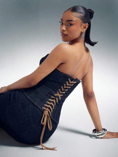 Denimoi Cinched Waist Lace Up Back Sleeveless Denim Corset Top Sexy Tops Fashionable Denim Tops