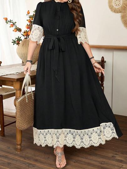 Lacomfia Plus Size Women Contrast Lace Petal Sleeve Single-Breasted Elegant Dress