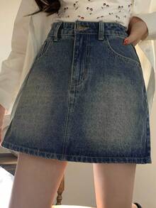 DAZY Chân váy denim nữ đa năng, thoải mái, phù hợp đi làm hàng ngày, có túi. - Màu xanh lam - Xem 2