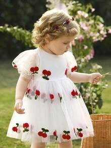 Elegant Embroidered Cherry Blossom Pattern Short Sleeve Dress, Summer - Red - View 10