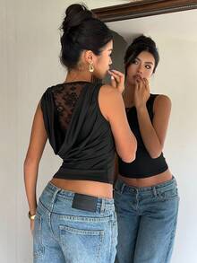 Siren Gaze Womens Black Sleeveless Draped Back Lace Crop Top, Casual Summer Two Piece Outfit, Black To, Black Sexy Tops, See Through Top, Y2k Tops - Black - View 2