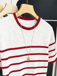 Franclia Nueva llegada Primavera/Verano Estilo coreano Casual Suelta Personalizada Blusa de punto de mujer a rayas con contraste de color - Rojo y blanco - Ver 5