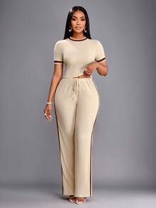 SOLERSUN Women's Summer Casual Multi-Contrast Color Crew Neck Top And Trousers Set Daily Casual Fall Clothes For Women Casual Women Outfits - Khaki - View 4