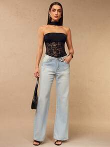 Silquee A Sexy Black Lace-Trimmed, Backless, Flowy-Neck, Partially Sheer Bodysuit, Suitable For Nightclub Parties, Everyday Wear, Holidays, Vacations, And Other Occasions. - Black - View 3