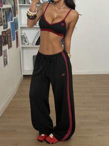 StreetHx 2pcs/Set Streetwear Women Contrast Color Patchwork Print Camisole And Sports Sweatpants, Spring/Summer - Black - View 5