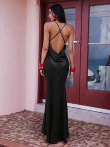Opulessa Women's Solid Color Deep V Neck Backless Dress,Summer Dresses For Women - Black - View 3