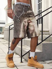 ROMWE MEN Pantalones cortos vaqueros casuales con bolsillo y estampado de figura para hombre - Caqui - Ver 2