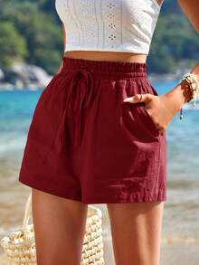 Travachic 女士夏季休闲纯色抽绳腰短裤 - 紅色 - 查看 1
