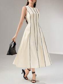 Heiryn 女士优雅无袖中长连衣裙，撞色滚边和收腰设计 - 彩色 - 查看 3