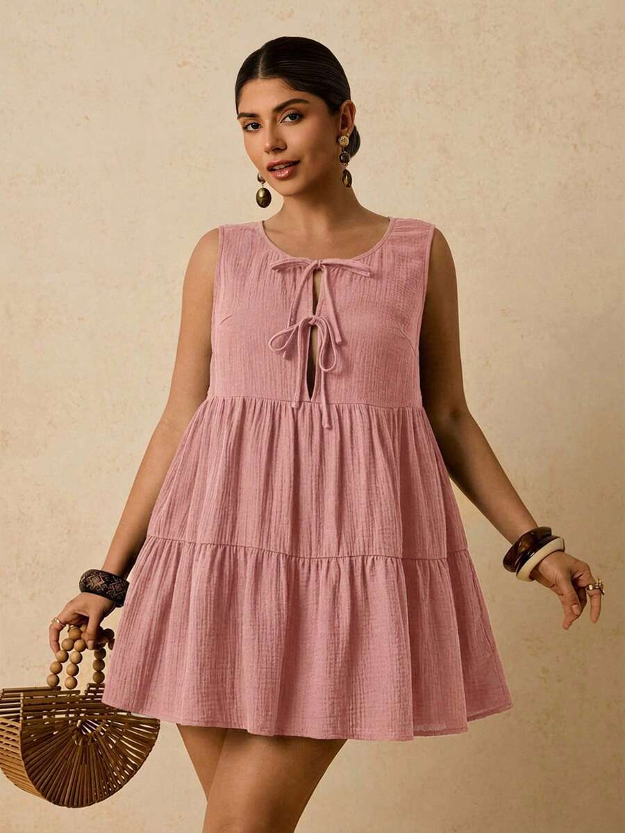 Travachic Plus Size Casual Versatile Black Cotton Front Tie Bow Sleeveless Short Dress - Pink - View 1