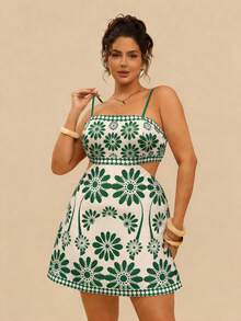 Travachic 大码女式休闲碎花镂空露背无袖夏季度假连衣裙 - 綠色 - 查看 4