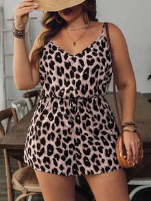 SHEIN VCAY Bộ áo liền quần dáng rộng họa tiết da báo thắt eo dành cho nữ cỡ lớn - Nhiều màu - Xem 6