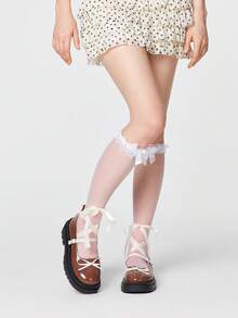 ROMWE Kawaii 女款時尚甜美蝴蝶結裝飾繫帶平底鞋 - 黑棕拼色 - 查看 2