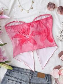 Áo hai dây/áo tank top mùa hè cho bé gái và thiếu nữ, họa tiết hoa nhiệt đới, viền xoắn, thích hợp cho kỳ nghỉ xuân/hè, ngày Valentine, tiệc trà chiều, phong cách đường phố, mặc nhiều lớp hoặc dự tiệc. Áo mùa hè cho nữ, trang phục mùa xuân cho nữ, áo nữ cho mùa hè. - Màu Hồng Tươi - Xem 2