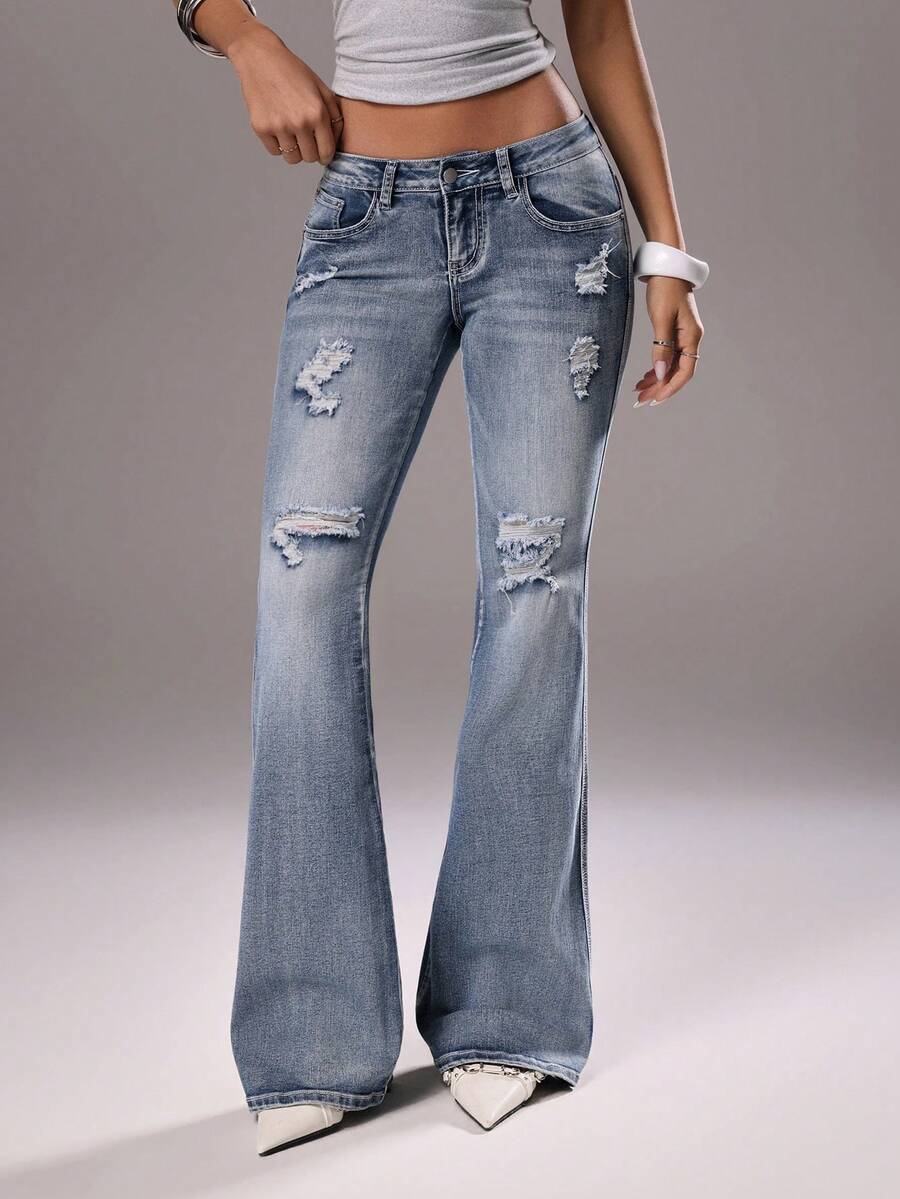 TRNVIE 时尚休闲复古做旧低腰喇叭牛仔裤 - 中等水洗藍 - 查看 1