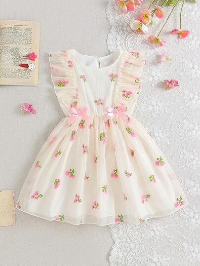 SHEIN 1 chiếc đầm bé gái cổ tròn tay phồng xếp ly eo thêu hoa, trang trí nơ, ngọt ngào và thanh lịch, đầm lưới có lớp lót, thích hợp cho các hoạt động thường ngày mùa hè, du lịch, nghỉ mát, chụp ảnh, tiệc tùng, sinh nhật và các dịp khác.