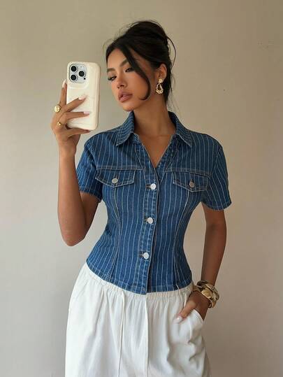 Siren Gaze Women's Casual Striped Front Button Waist Denim Blouse, Summer